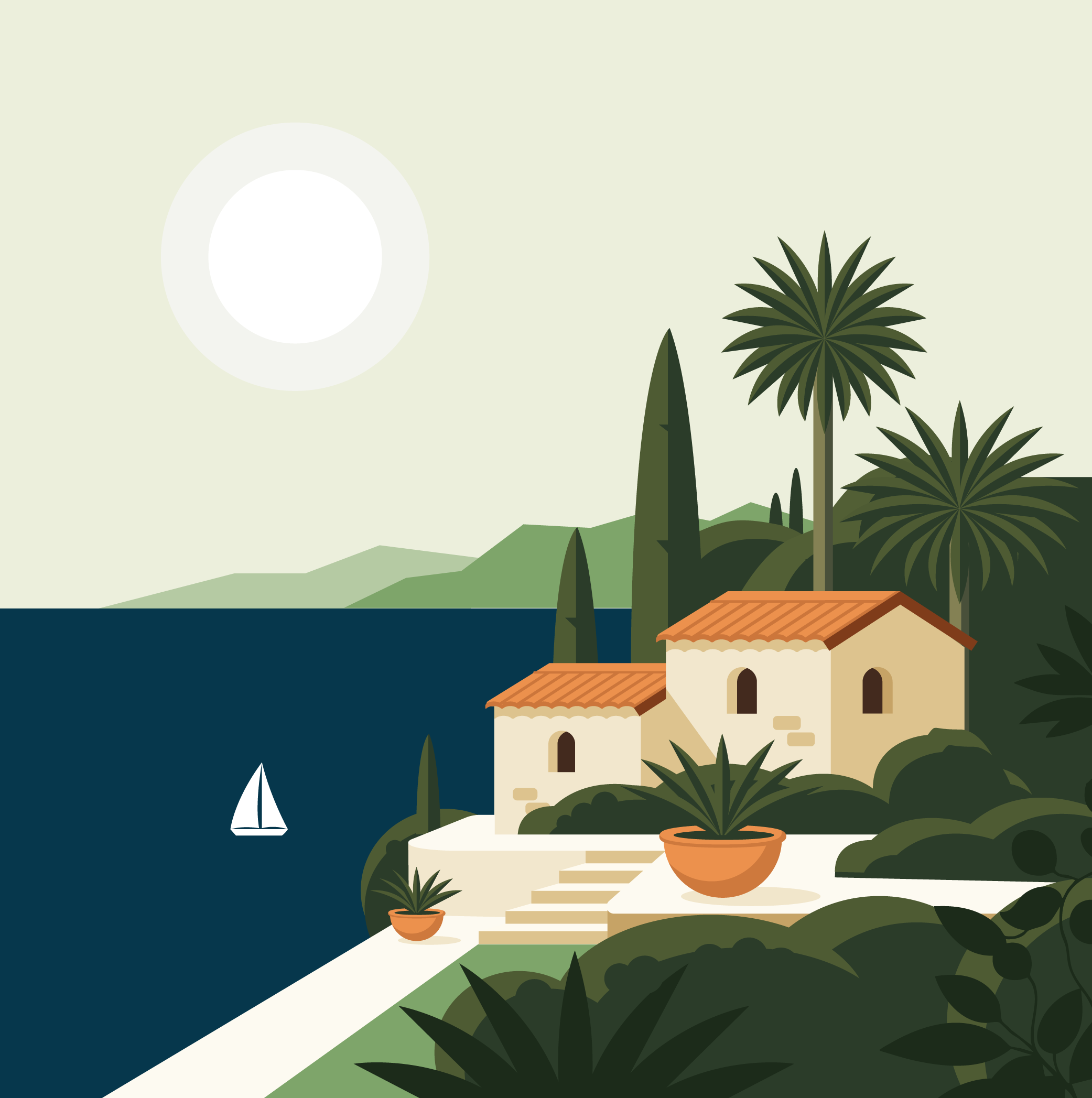 Illustration côte méditerranéenne — saveurs italiennes, libanaises et orientales
